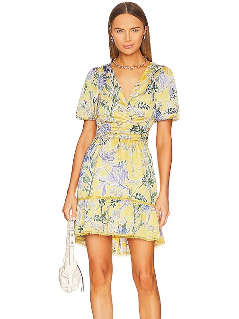 Heartloom Muna Dress in Golden, Yellow Floral Silky Open Back, Med